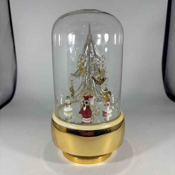 Vintage Blown Glass Christmas Tree Under Dome Wind Up Musical Santa Snowman‎ - Picture 1 of 6